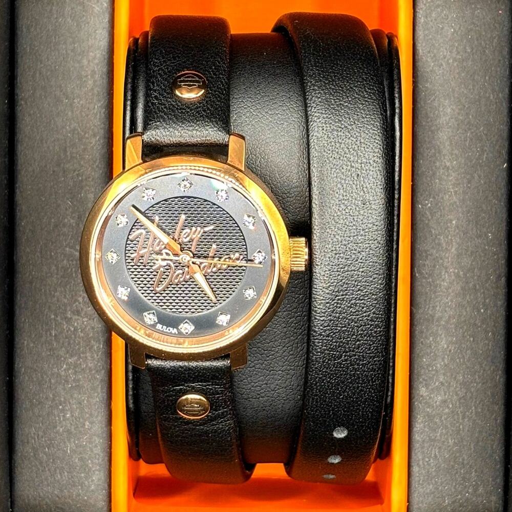 Bulova Harley-Davidson 77L109 Crystal Rose Gold Leather Wrap Women's Watch NIB
